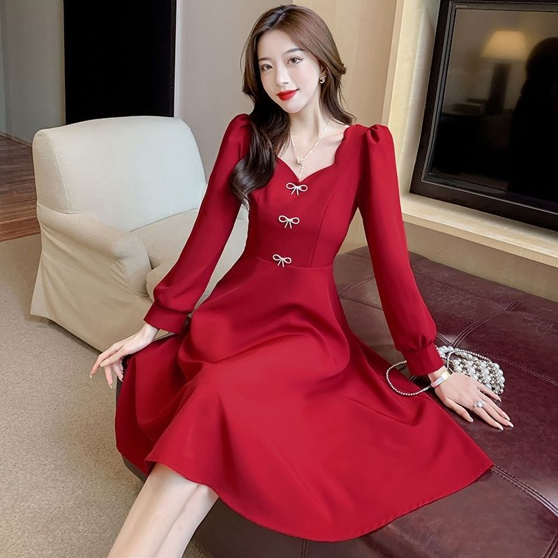 Pinched waist wine-red slim temperament retro autumn dress