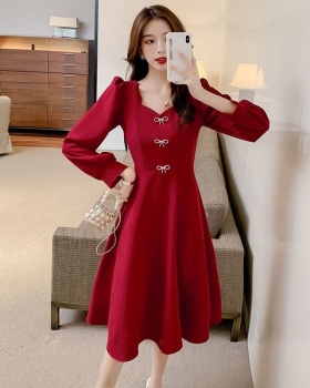 Pinched waist wine-red slim temperament retro autumn dress