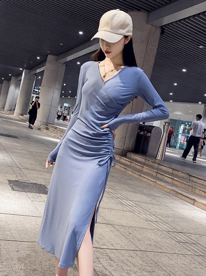 Long sleeve V-neck package hip dress for women