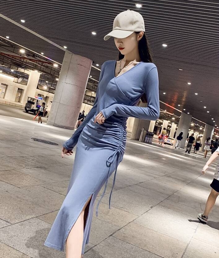 Long sleeve V-neck package hip dress for women