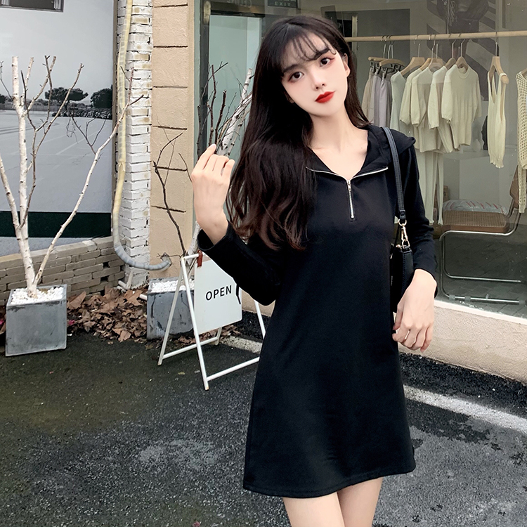 Long slim hooded T-shirt zip lazy loose dress for women