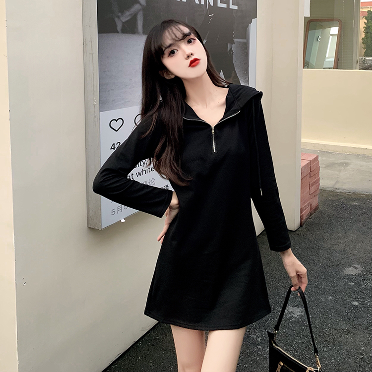 Long slim hooded T-shirt zip lazy loose dress for women