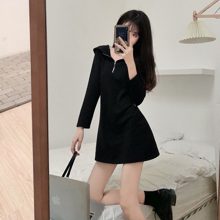 Long slim hooded T-shirt zip lazy loose dress for women