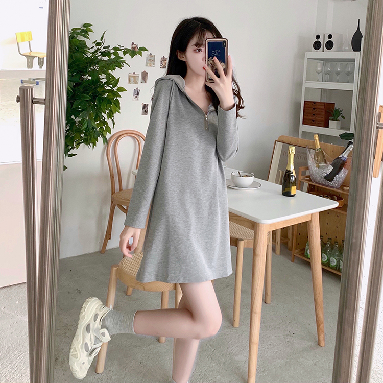 Long slim hooded T-shirt zip lazy loose dress for women