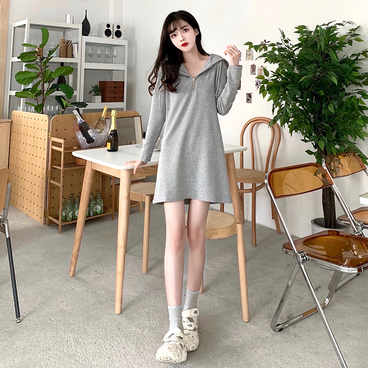 Long slim hooded T-shirt zip lazy loose dress for women