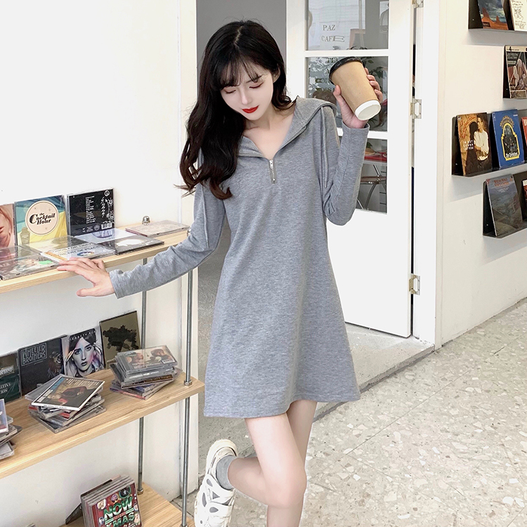 Long slim hooded T-shirt zip lazy loose dress for women