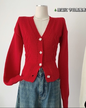 Slim red short coat christmas heart V-neck sweater