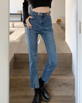 Burr split high waist jeans slim straight pants
