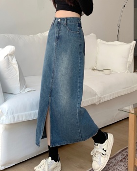 Light-blue spring long irregular slim high waist denim skirt