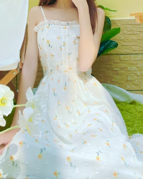 Pinched waist summer white long dress sling floral dress