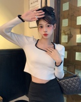 Mixed colors splice square collar burr short sweater for women