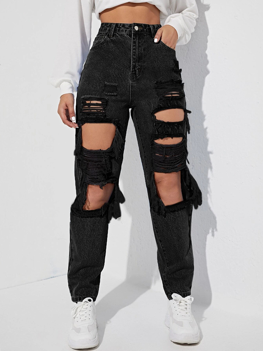 Spring fashion retro jeans holes pure long pants