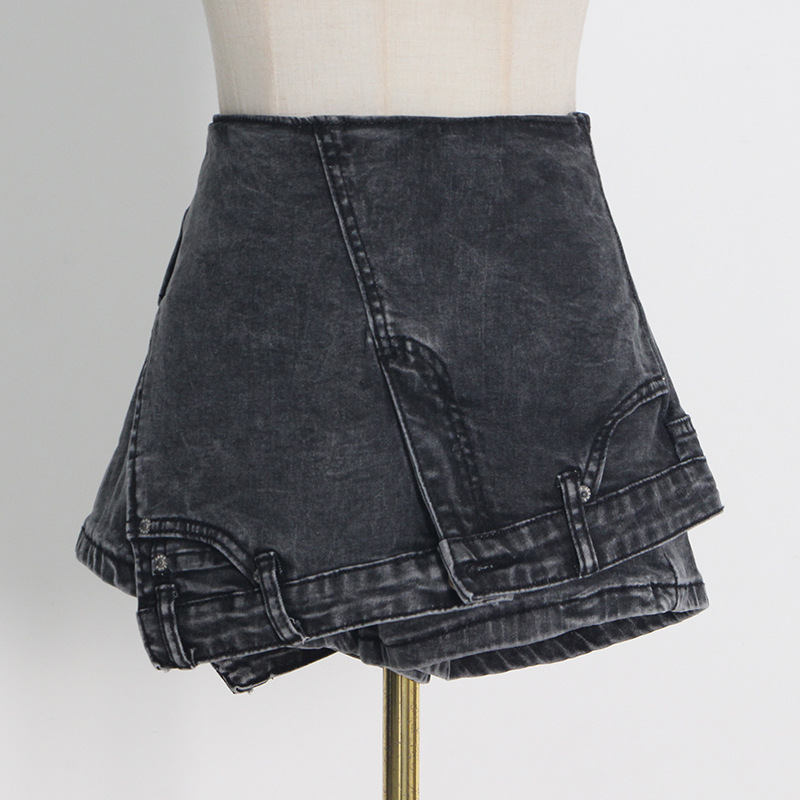 Pure high waist spring shorts splice irregular jeans