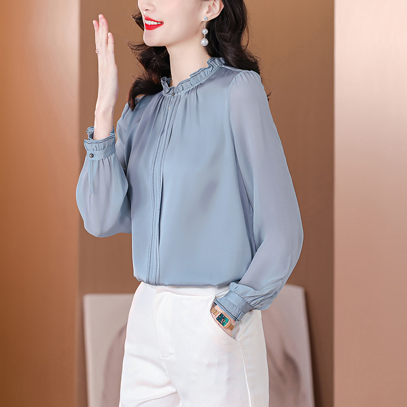 Wood ear cstand collar shirt long sleeve tops for women