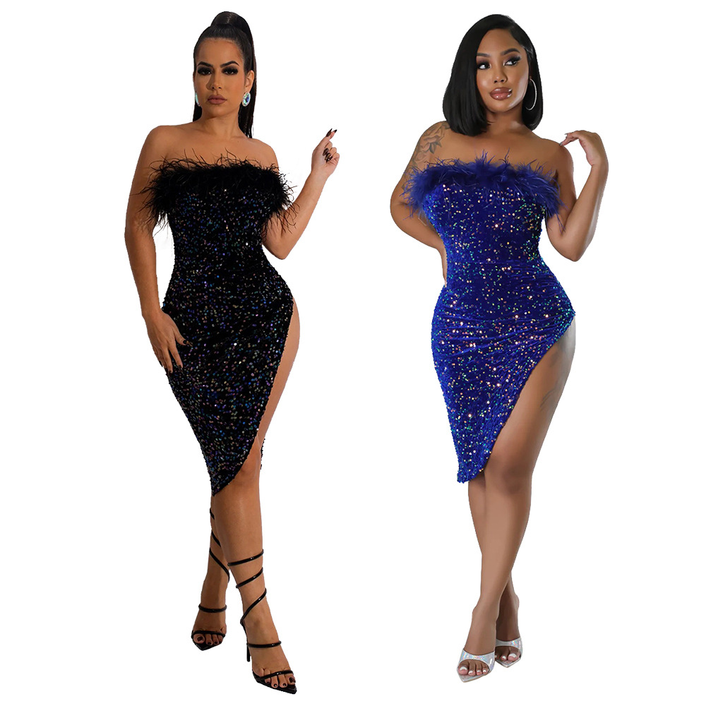 Sequins wrapped chest T-back sexy dress for women