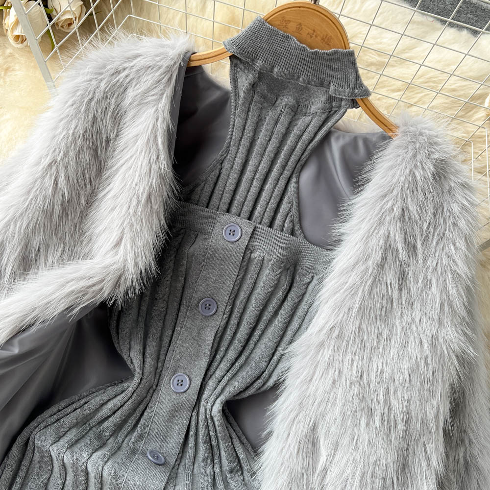 All-match dress wrapped chest fur coat 2pcs set for women