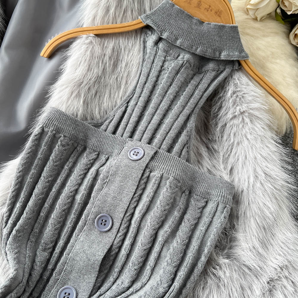 All-match dress wrapped chest fur coat 2pcs set for women
