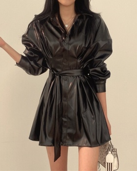 Retro fashion coat pinched waist leather coat