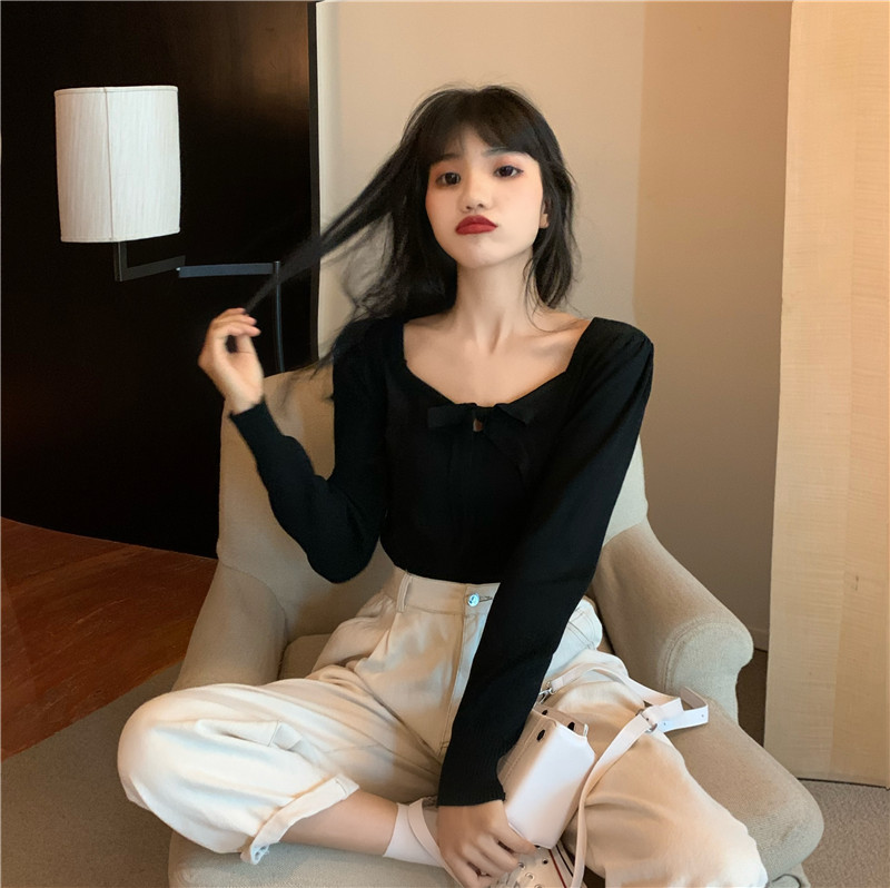 Pullover unique round neck bottoming shirt short slim tops