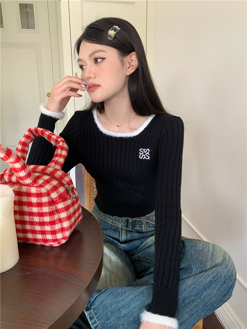 Elmo splice sweater square collar tops