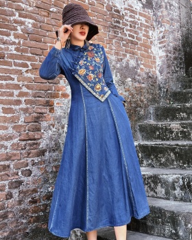 Retro embroidery national style spring slim binding dress