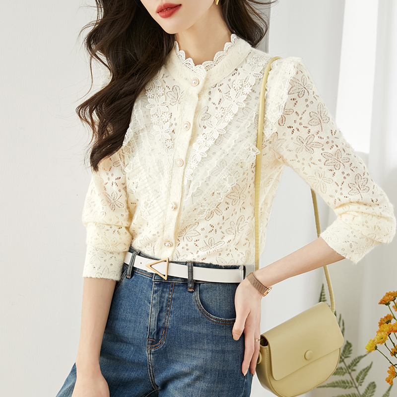 Lace spring tops cstand collar bottoming shirt for women