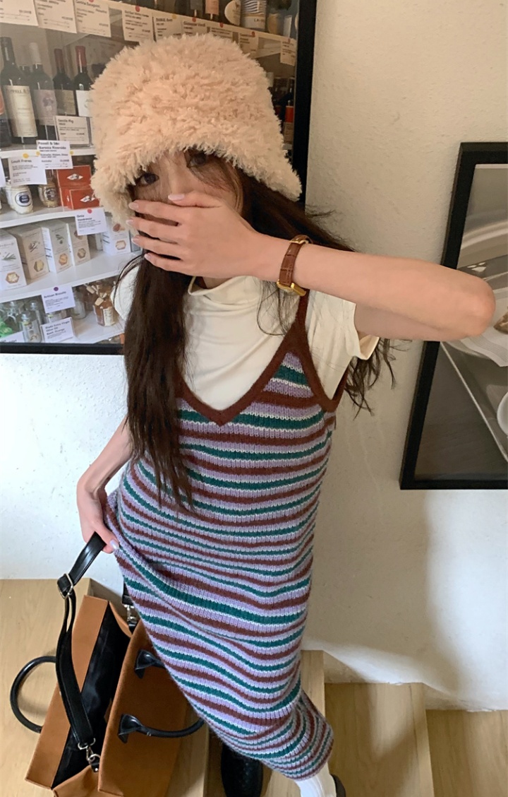 Stripe slim sling rainbow knitted dress