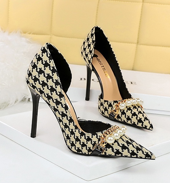 Korean style metal shoes plaid pattern high-heeled shoes