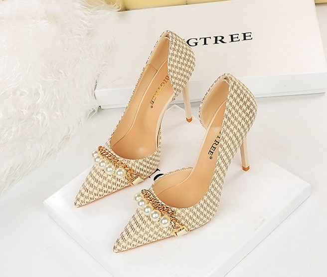 Korean style metal shoes plaid pattern high-heeled shoes