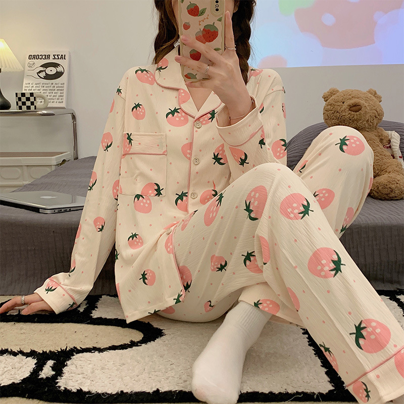 Long sleeve homewear pajamas cotton cardigan 2pcs set