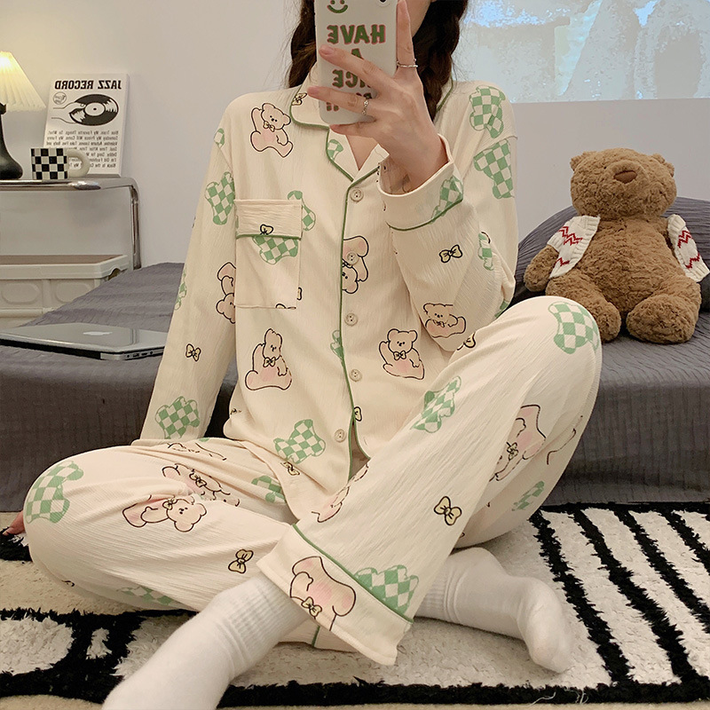 Cotton woven cardigan bubble homewear pajamas 2pcs set