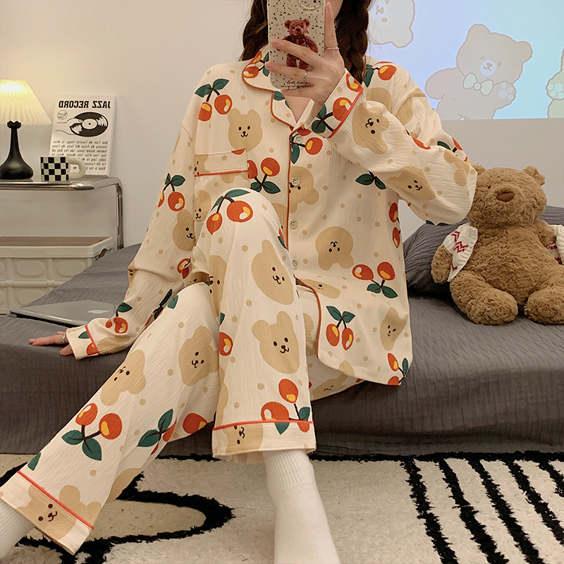 Bubble cotton cardigan homewear woven pajamas 2pcs set