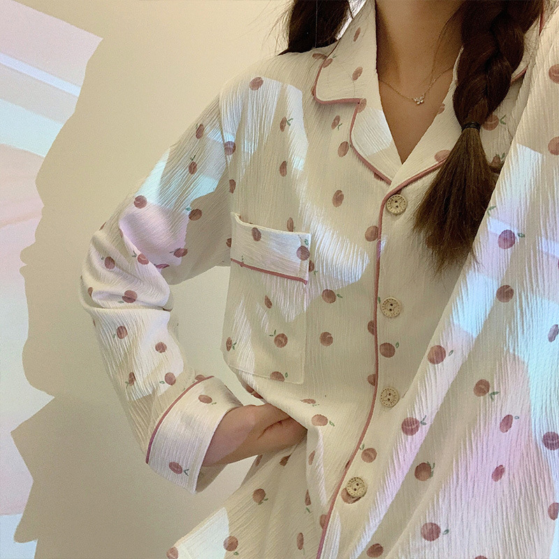 Bubble Casual cardigan cotton pajamas 2pcs set for women