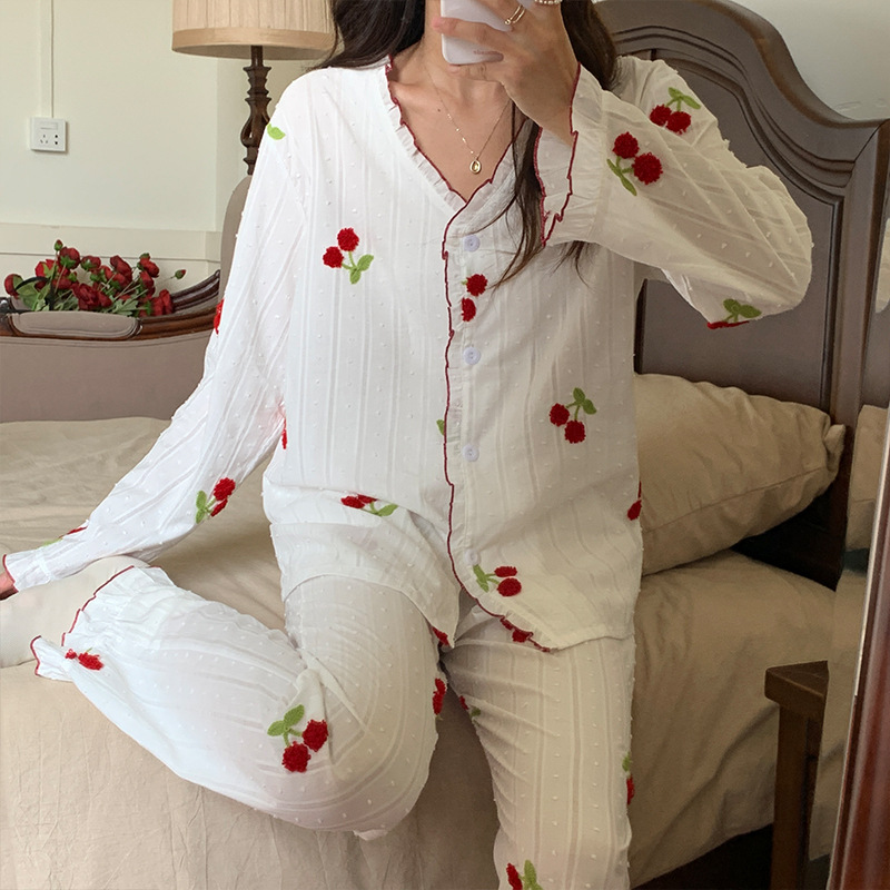 Casual long pants long sleeve pajamas 2pcs set for women