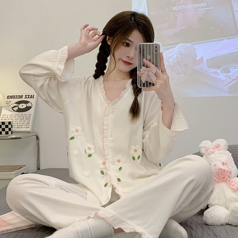 Flannel pajamas homewear cardigan 2pcs set for women