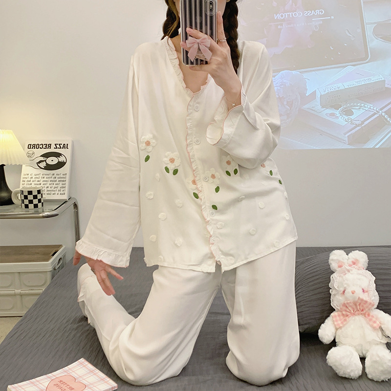 Flannel pajamas homewear cardigan 2pcs set for women