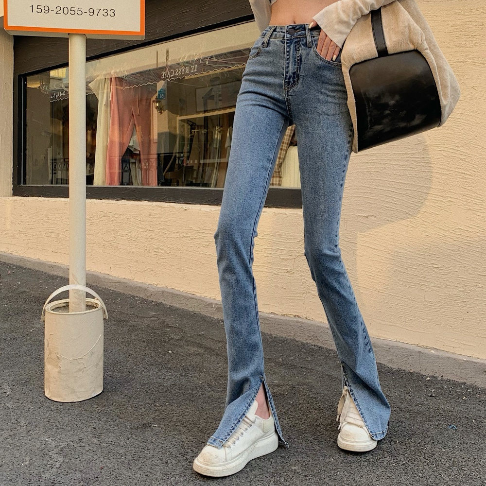 High waist slim split pants Casual elasticity jeans for women