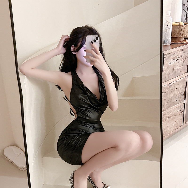 Sexy enticement package hip patent leather dress for women