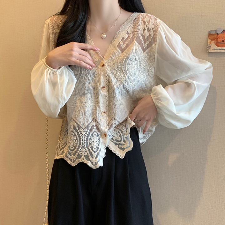 Long sleeve all-match cardigan lace shirt for women