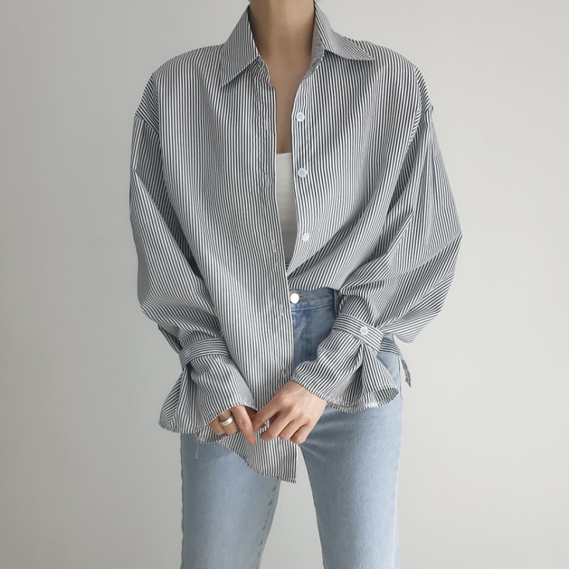 Pinstripe spring loose shirt simple all-match tops