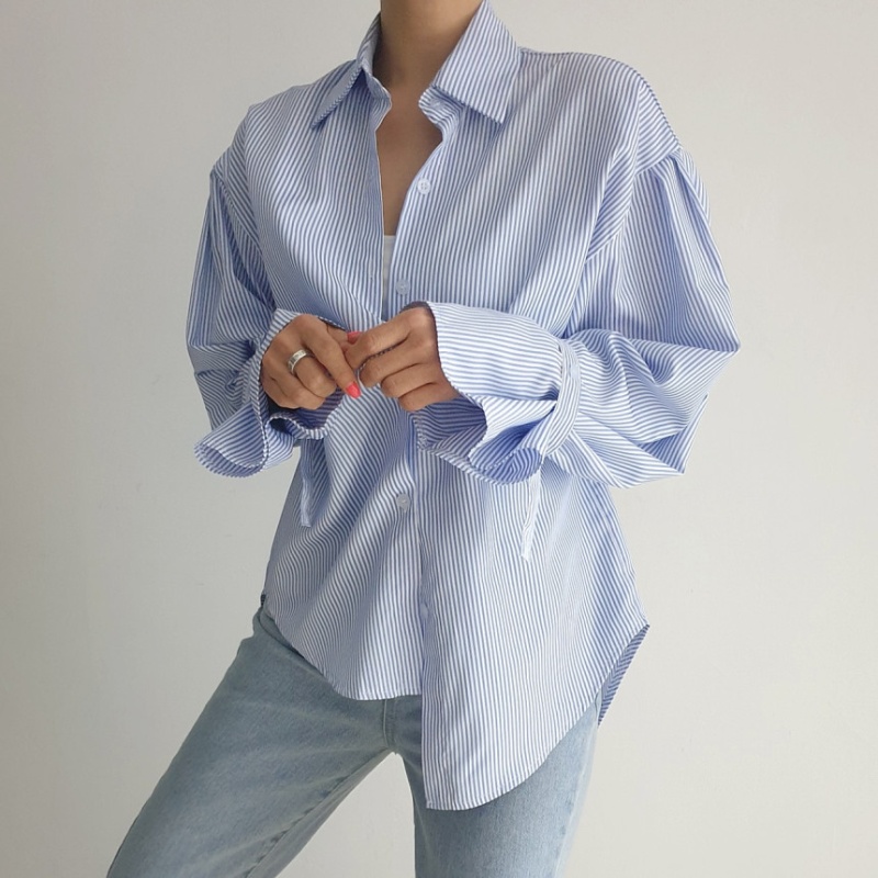 Pinstripe spring loose shirt simple all-match tops