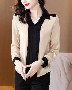 Mixed colors V-neck tops satin real silk shirt for women