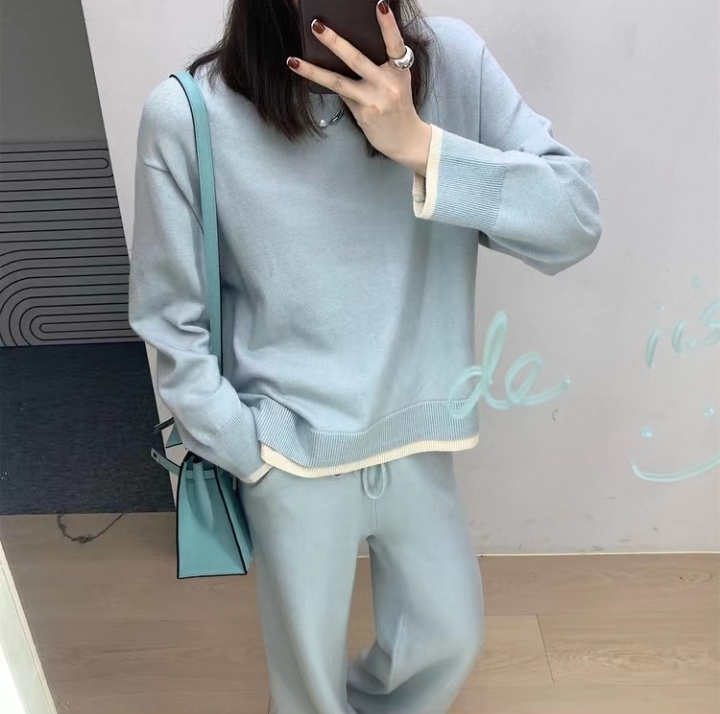Pseudo-two knitted wide leg pants lazy tops a set for women