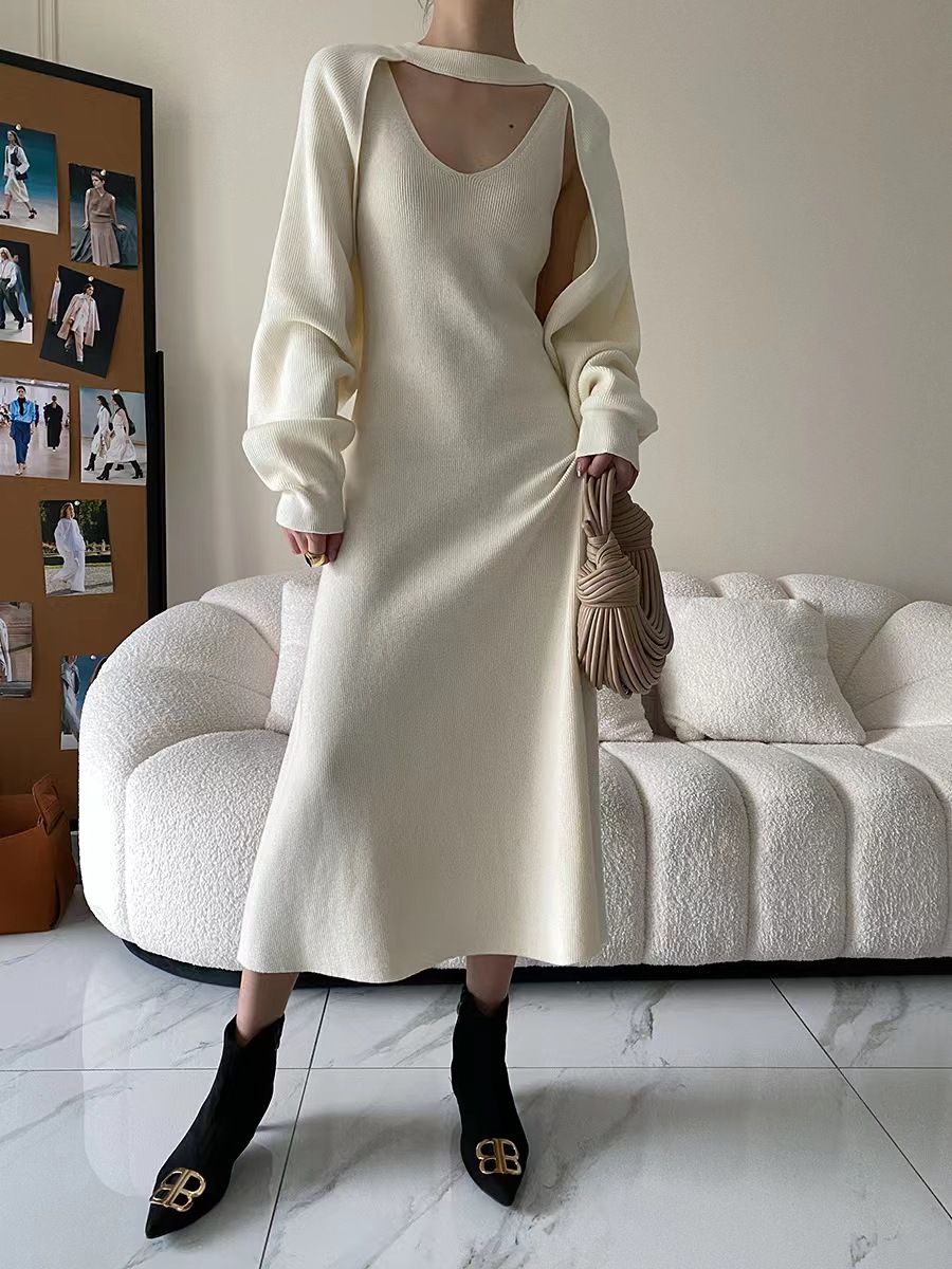 Slim V-neck sling shawl temperament round neck dress for women