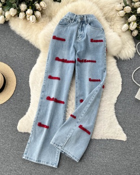 Embroidery high waist long pants wide leg jeans for women