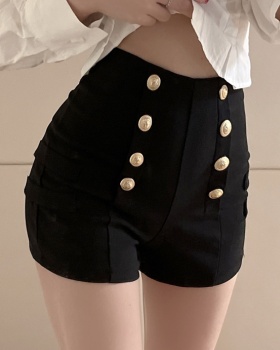 Black temperament buckle decoration high waist shorts