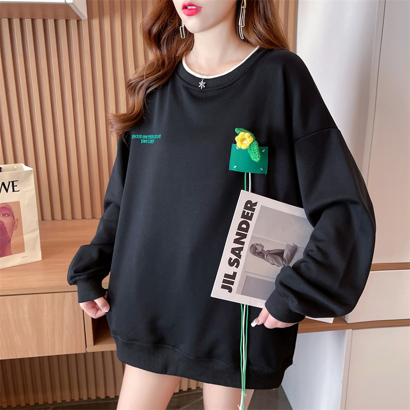 Cotton Korean style loose flowers hoodie for women