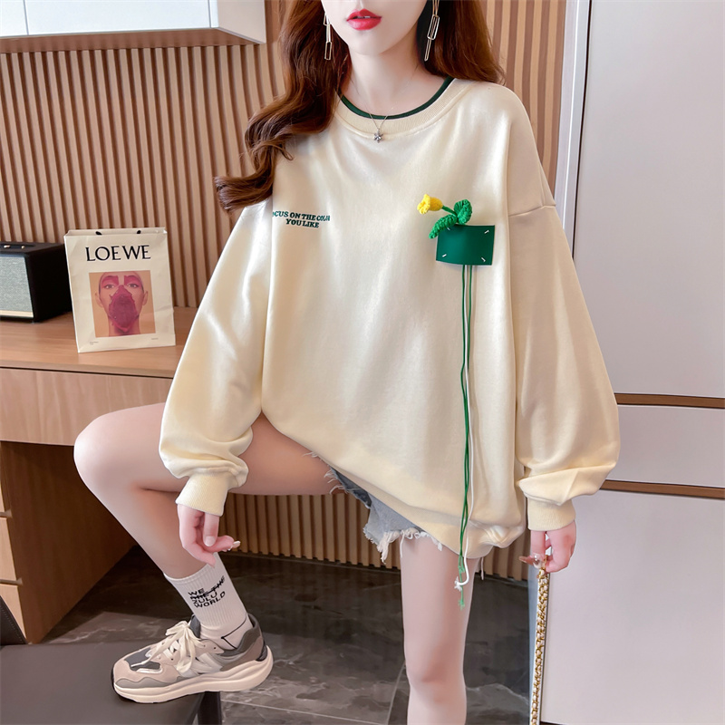 Cotton Korean style loose flowers hoodie for women