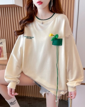 Cotton Korean style loose flowers hoodie for women