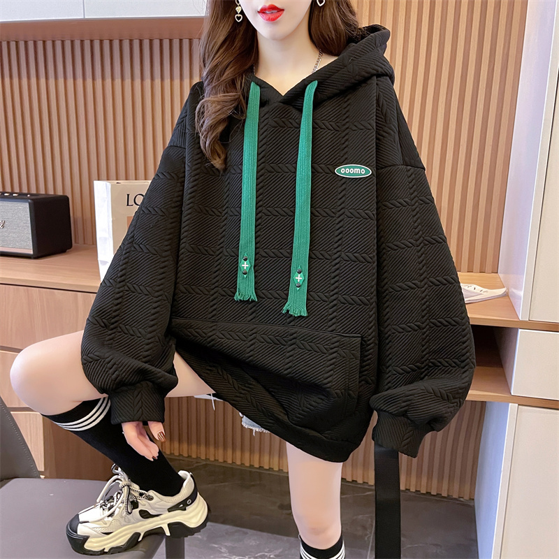 Jacquard hooded Korean style loose hoodie for women